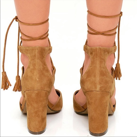 Cognac Tassel Wrap Suede Chic Block Heel Sandal - Picture 4 of 5